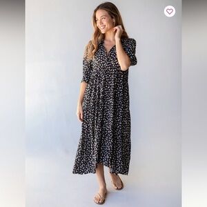 Natural Life Rebecca Floral Black and Cream Roses Midi Tiered Flowy Dress Size S